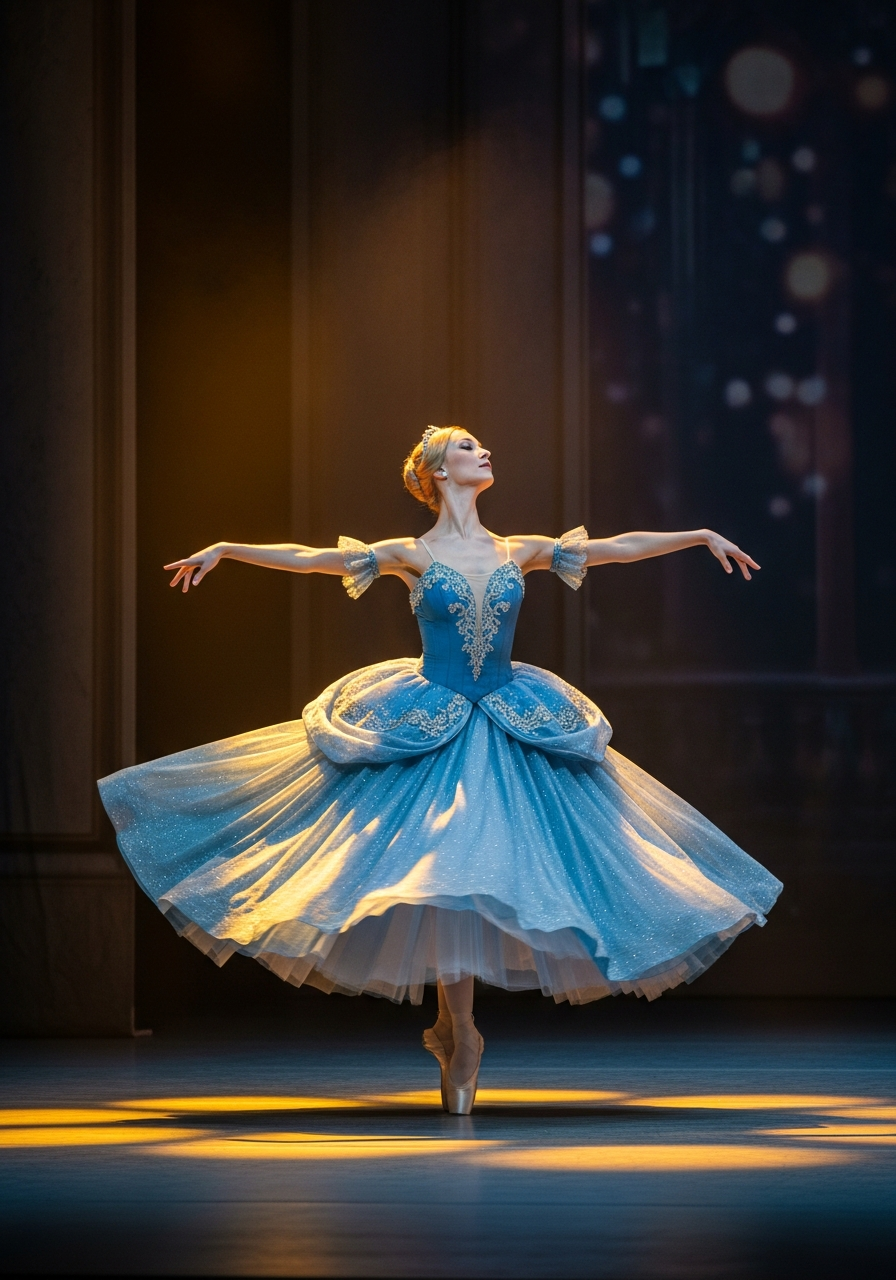 Ballet dancers performing Cinderella in elegant costumes on stage